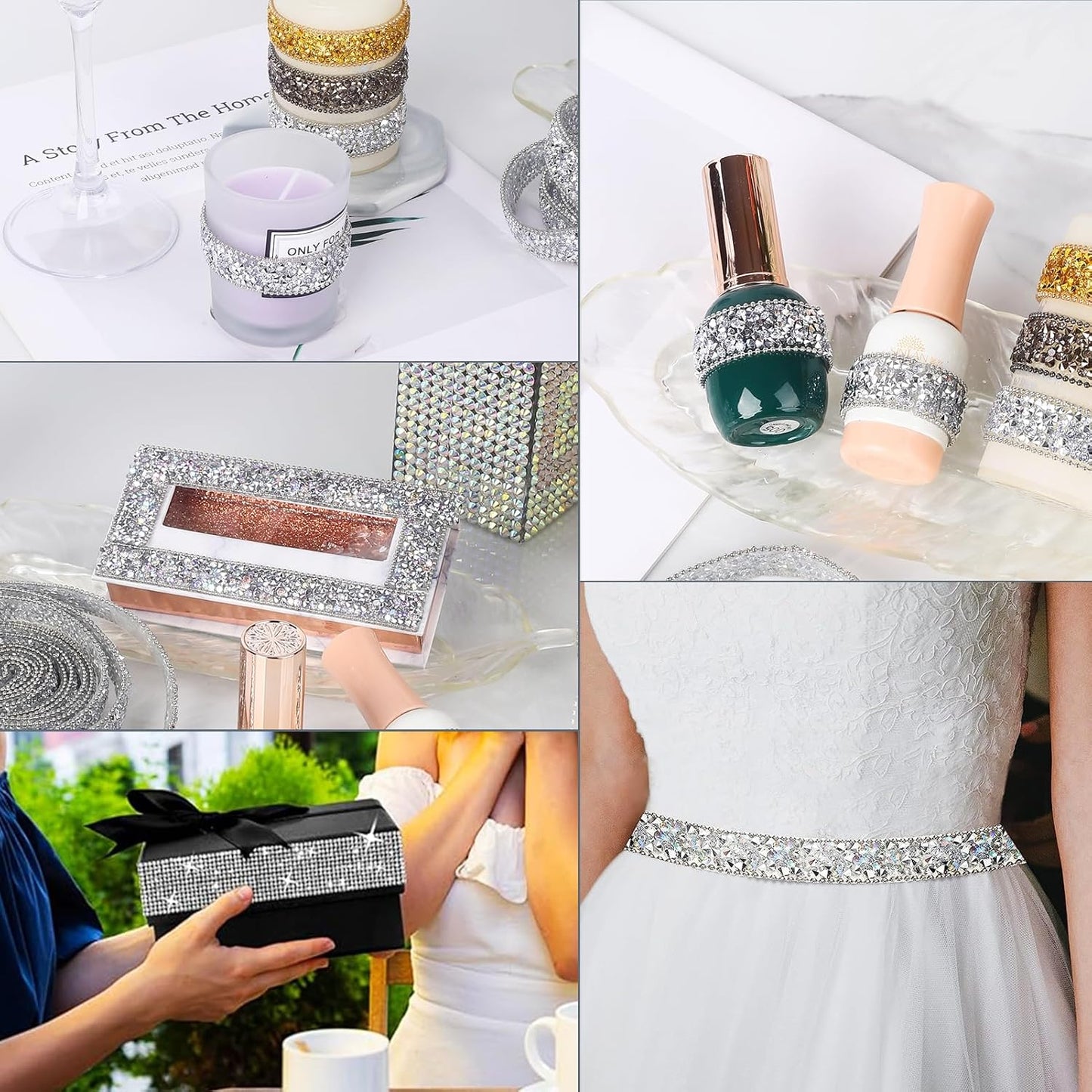 Rhinestone Ribbon 3 Yards Self Adhesive Rhinestone Strips Diamond Ribbon Sticker Crystal Roll Glitter Bling Rhinestones Tape for Crafting DIY Art Decoration (Silver,0.6 Inch)