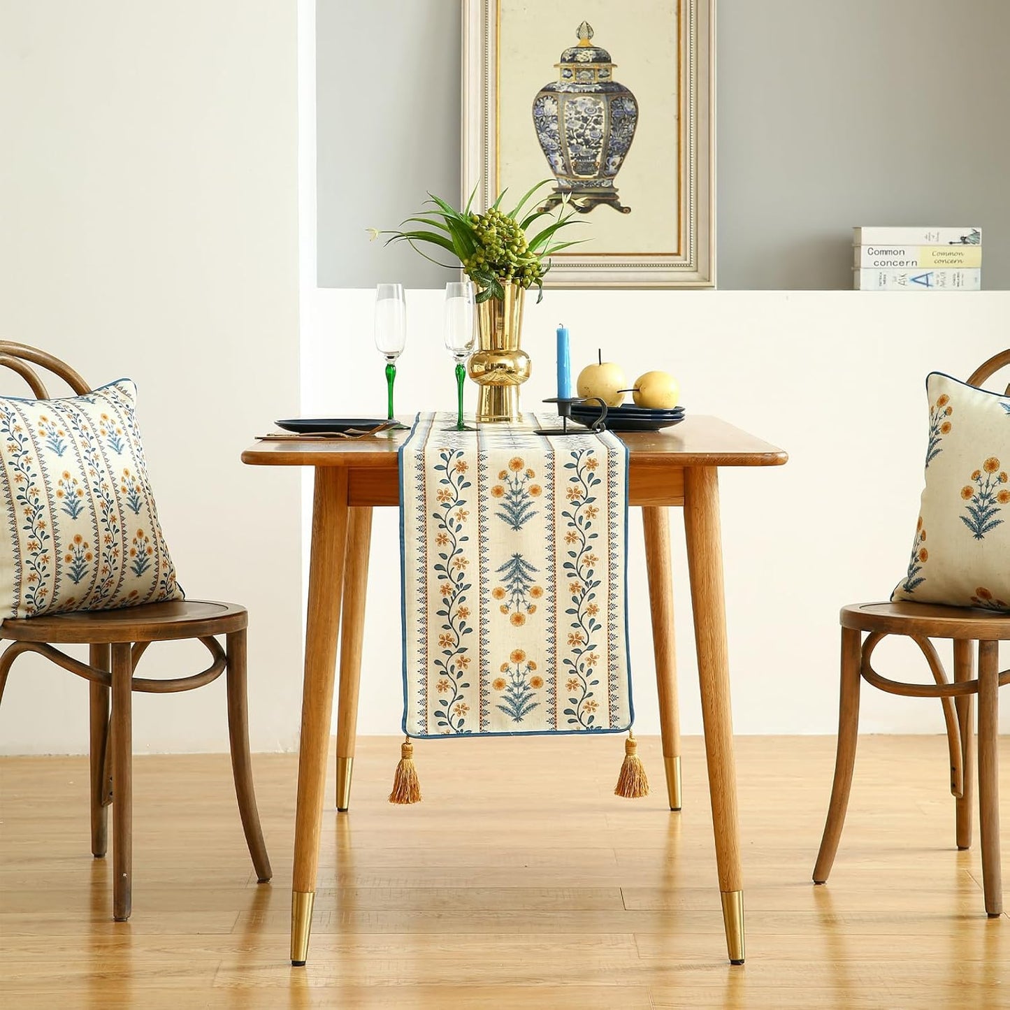 ISAENNE Designer Pale Yellow Elegant Linen Table Runner 87 Inches Long,French Floral Pattern Elegant Table Runners for Dining Tables,Thanksgiving,Kitchen Tables,Christmas,12"*87"-Estevan A