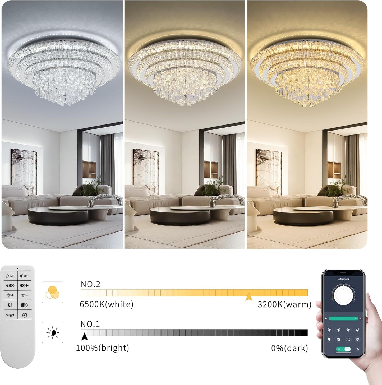 30 inch Crystal Silver Ceiling-Light Flush Mount with Remote Control and APP, 3CCT Dimmable & Brightness Adjustable, Modern Crystal Raindrop Chandeliers for Bedroom Hallway Dinning Room Living Room