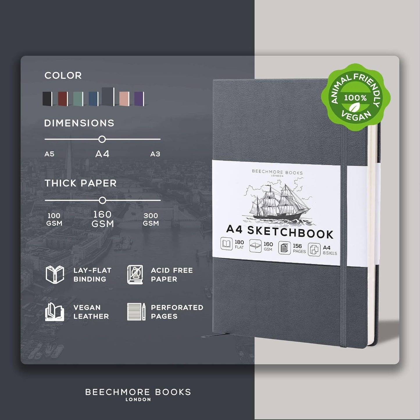 Beechmore Books A4 Sketchbook – 8.5x11 Premium Vegan Leather Bound Large Sketch Book Hardcover with 156 Thick 160gsm Perforated Ivory Pages, Blank Sketch Pad, Gift Boxed, Back Pocket, Ribbon Bookmark