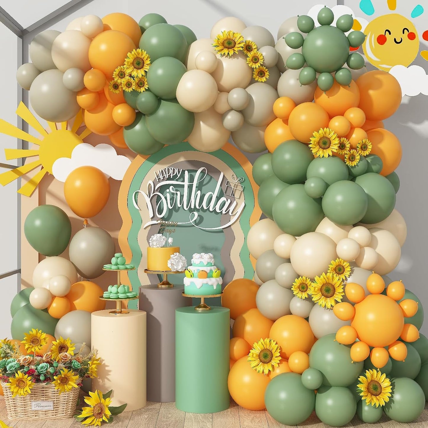 Green and Yellow Balloon Arch Kit 111Pcs Sage Green Mustard Yellow Balloons Garland Boho Lemon Yellow Ivory White Sand Birthday Party Balloons for Sunflower Bear Bee Baby Shower Wedding Decorations