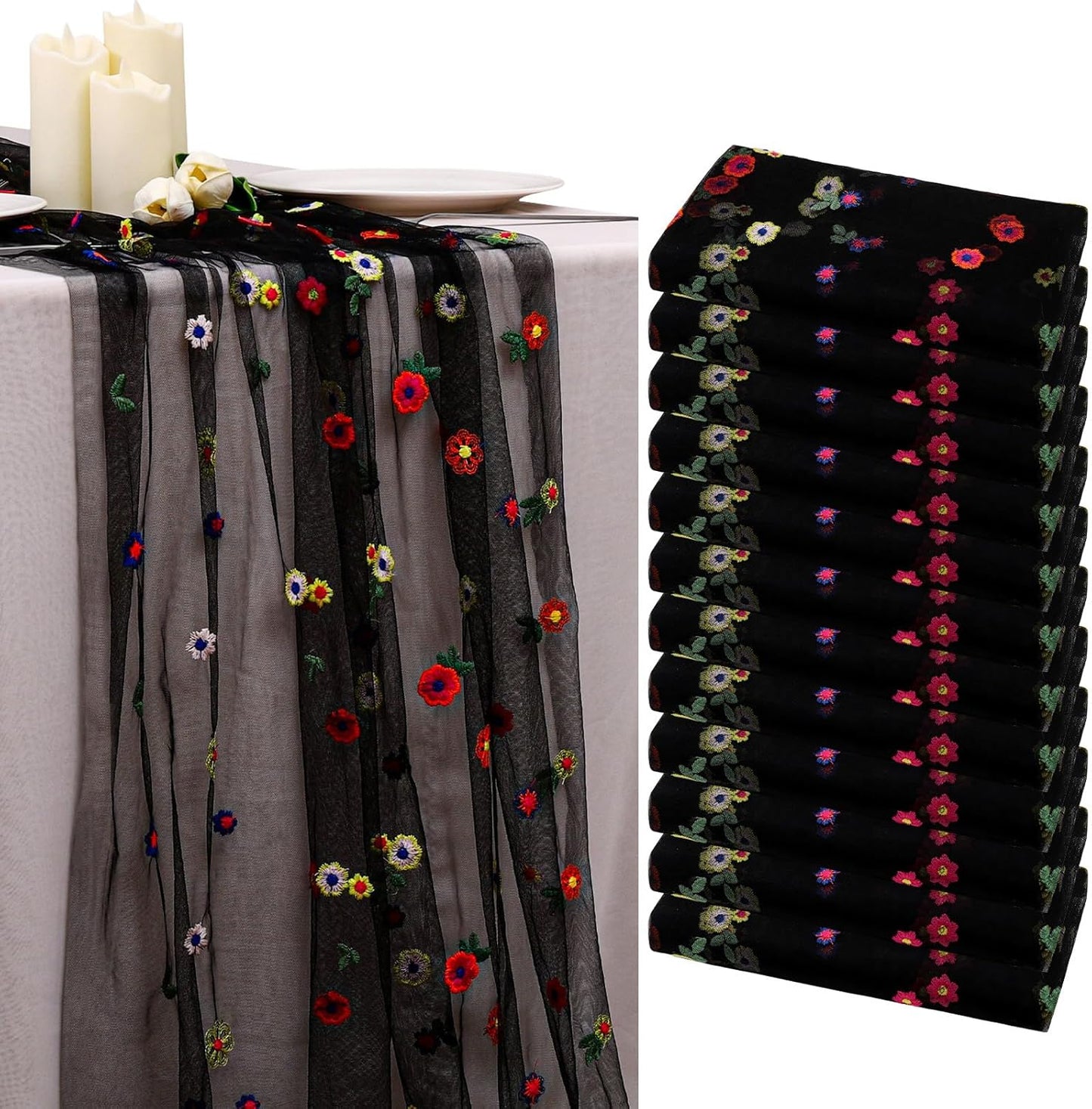 BINBE 12pcs Daisy Fall Table Runner Embroidery Gauze 10FT Florals Seasonal Tulle Holiday Birthday Kitchen Dining Table Decor for Home Party Black