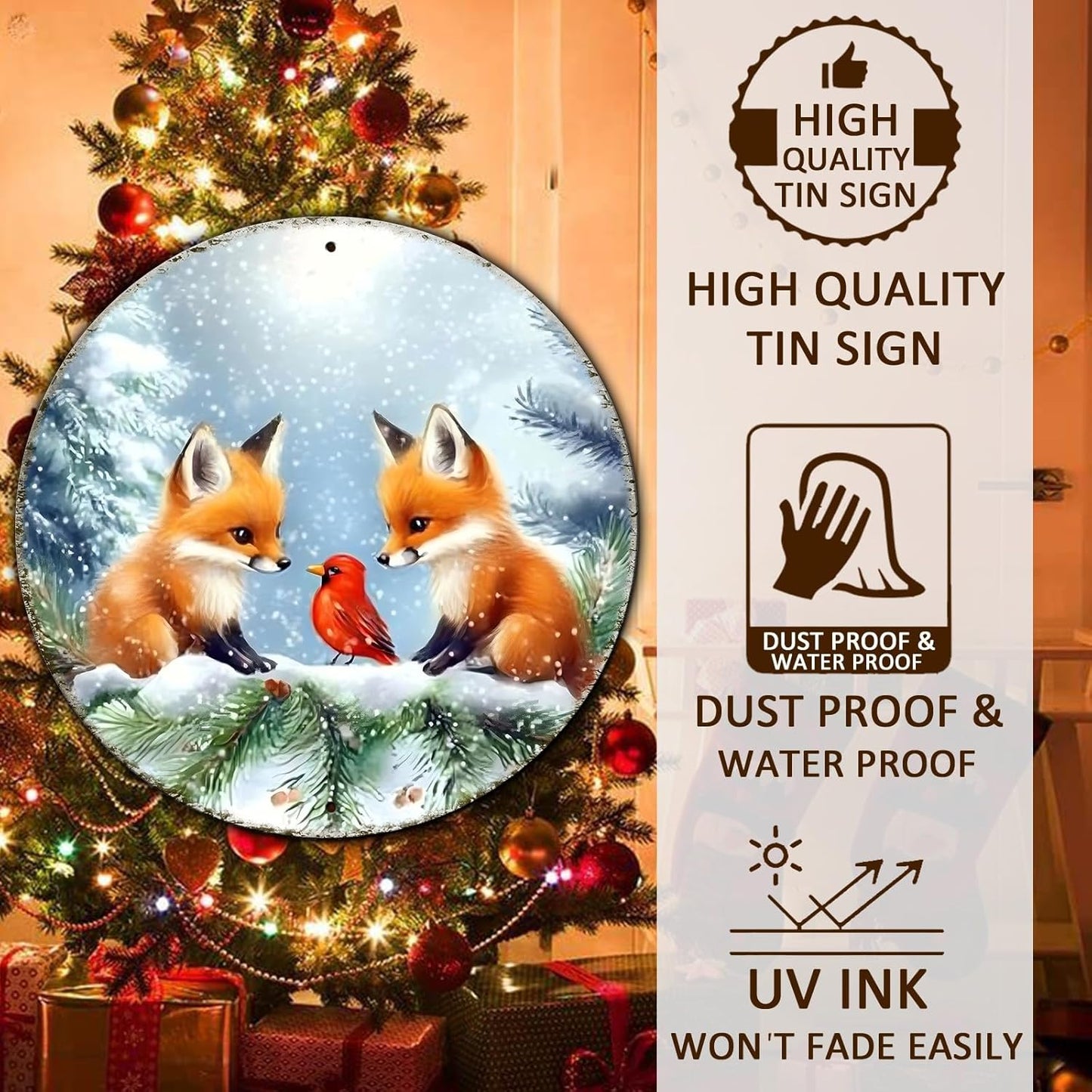 Christmas Round Fox Metal Tin Sign - Red Bird Winter Vintage Sign for Home & Outdoor Decorations - 8 * 8 in