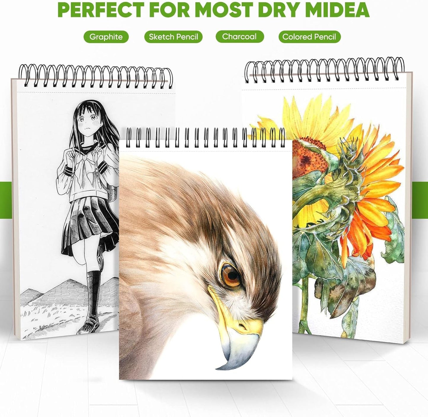 Soucolor Artist 9x12 Sketch Book Set, 4 Pack 100-Sheet Spiral Drawing Pads (68lb/100gsm) | Acid-Free Drawing Paper for Teens, Adults Classroom Art Supplies, Charcoal, Graphite, Pastel Pencils & Sticks