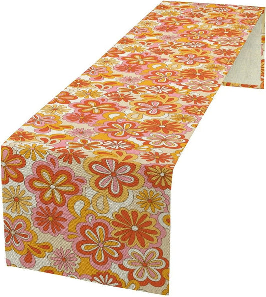 Vintage Floral Table Runner,70s Style Retro Daisies Flower Hippie Table Runner for Kitchen Dining Table Home Party Decoration 13x120 Inch