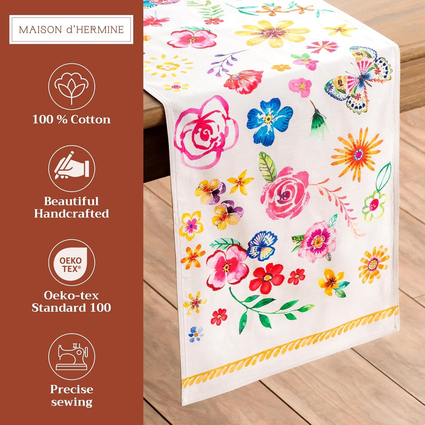 Maison d' Hermine Table Runner 100% Cotton Double Layer Table Runners 108 inches Long Decorative for Home Dining Party Wedding Bridal Shower Spring Summer (Happy Florals - Sweety, 14.50" x 108")