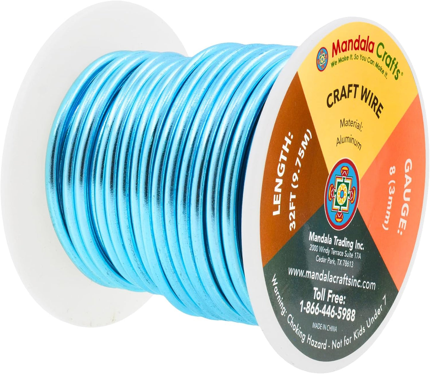 Mandala Crafts 8 Gauge Anodized Aluminum Craft Wire for Jewelry Making - 32 FT Colored Flexible Vivid Sky Blue Wire - Bendable for Bonsai Armature Crafting Sculpting