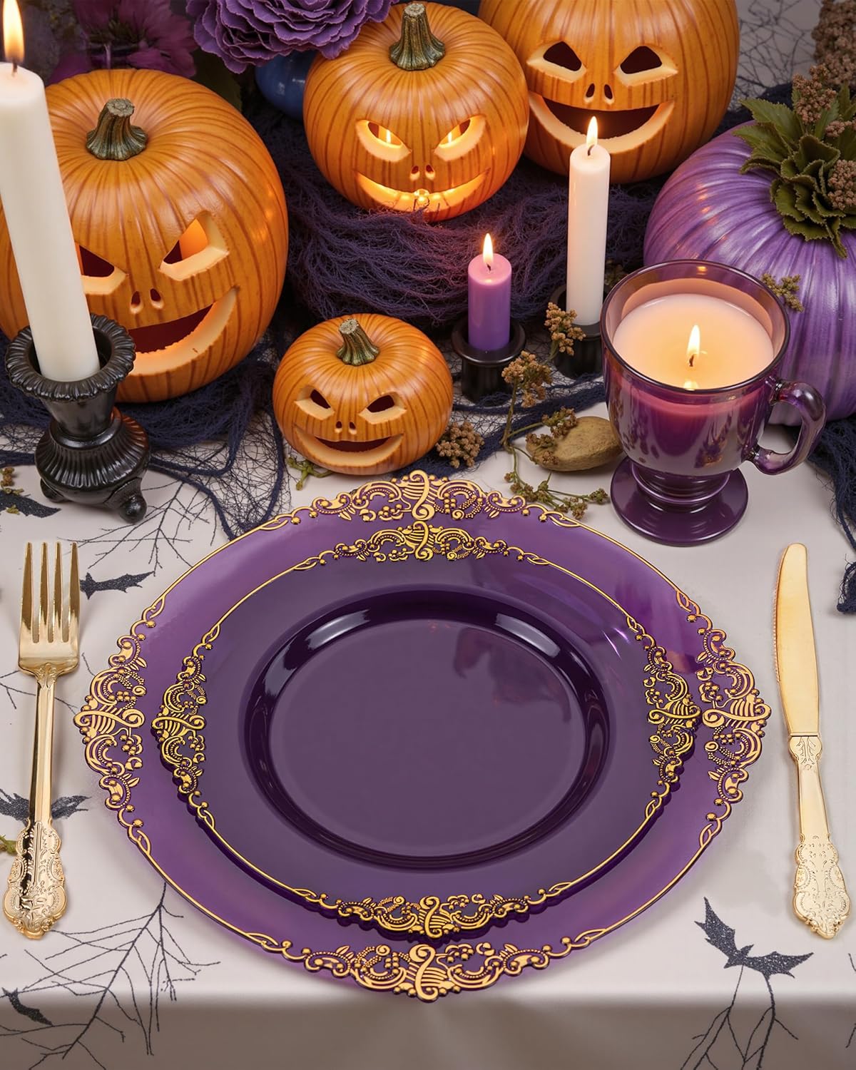 Nervure 350PCS Purple Plastic Plates - Purple Plastic Dinnerware Sets for 50 Guests - 100 Disposable Plates, 150 Gold Silverware, 50 Cups, 50 Napkins for Wedding & Party