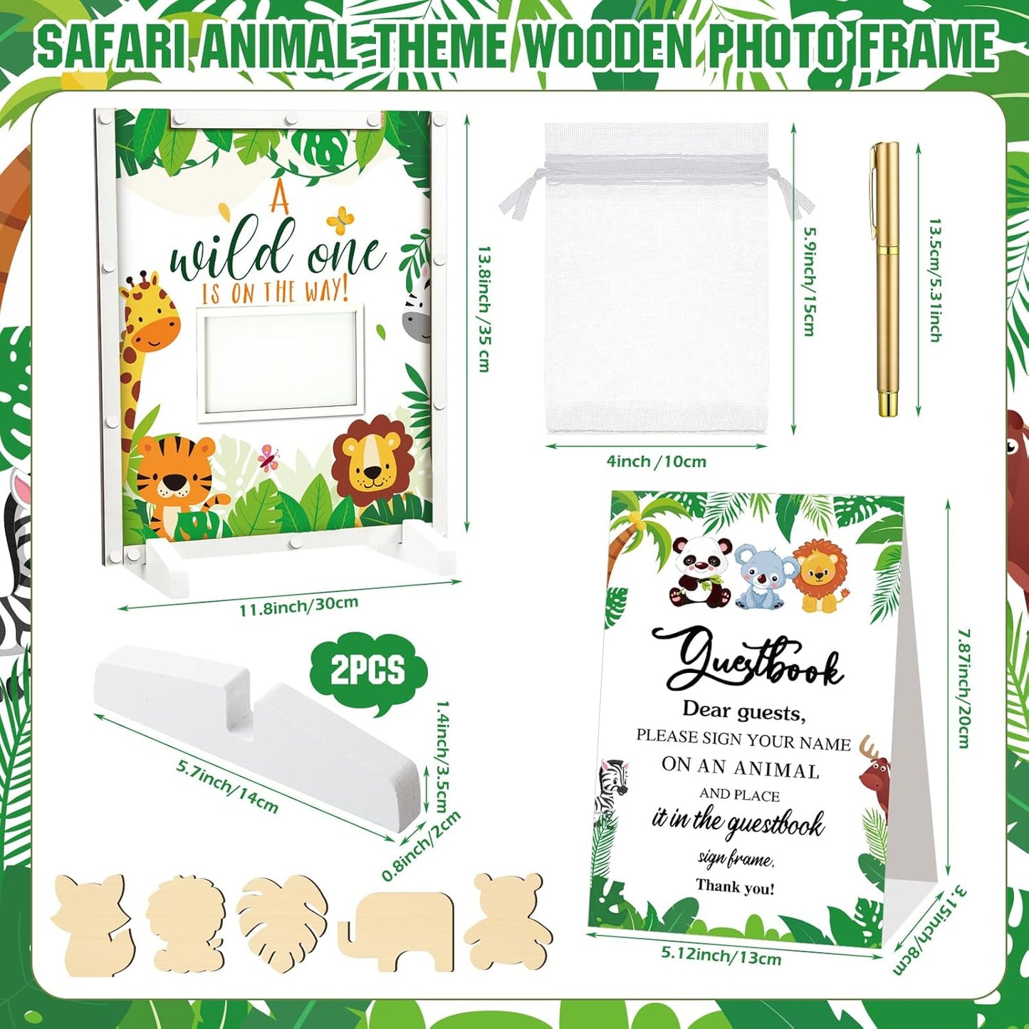 65 Pcs Safari Animal Baby Shower Guest Book Alternatives He or She Gender Reveal Baby Shower Decorations Sign in Guest Book with Picture Frame and 60 Wooden Chip