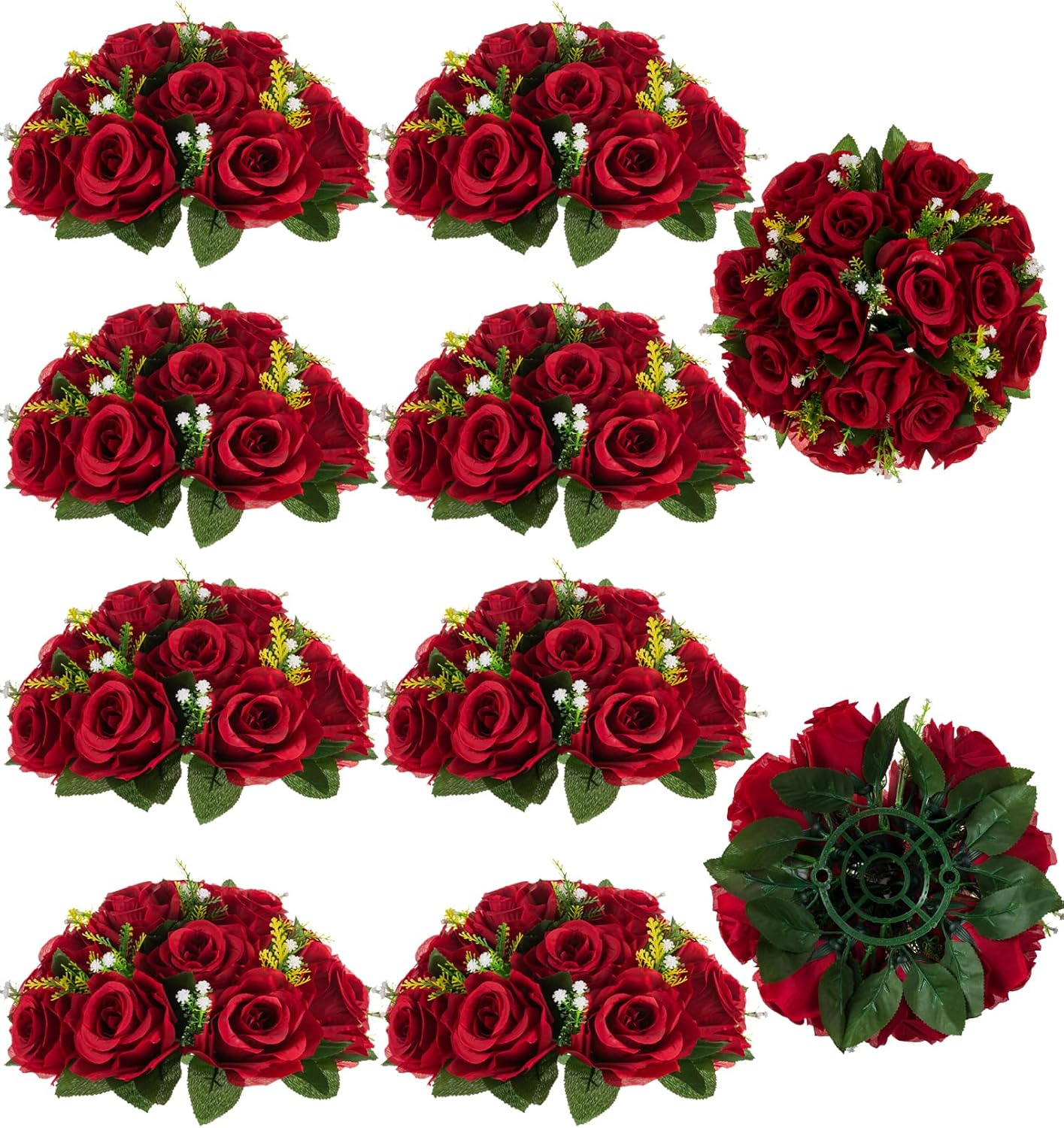 BLOSMON Flower Centerpieces for Tables Wedding: 10 Pcs Crimson Red Artificial Rose Flowers Balls Decoration - 9.5 Inch Fake Silk Kissing Floral Arrangement for Home Party Event DIY Decor