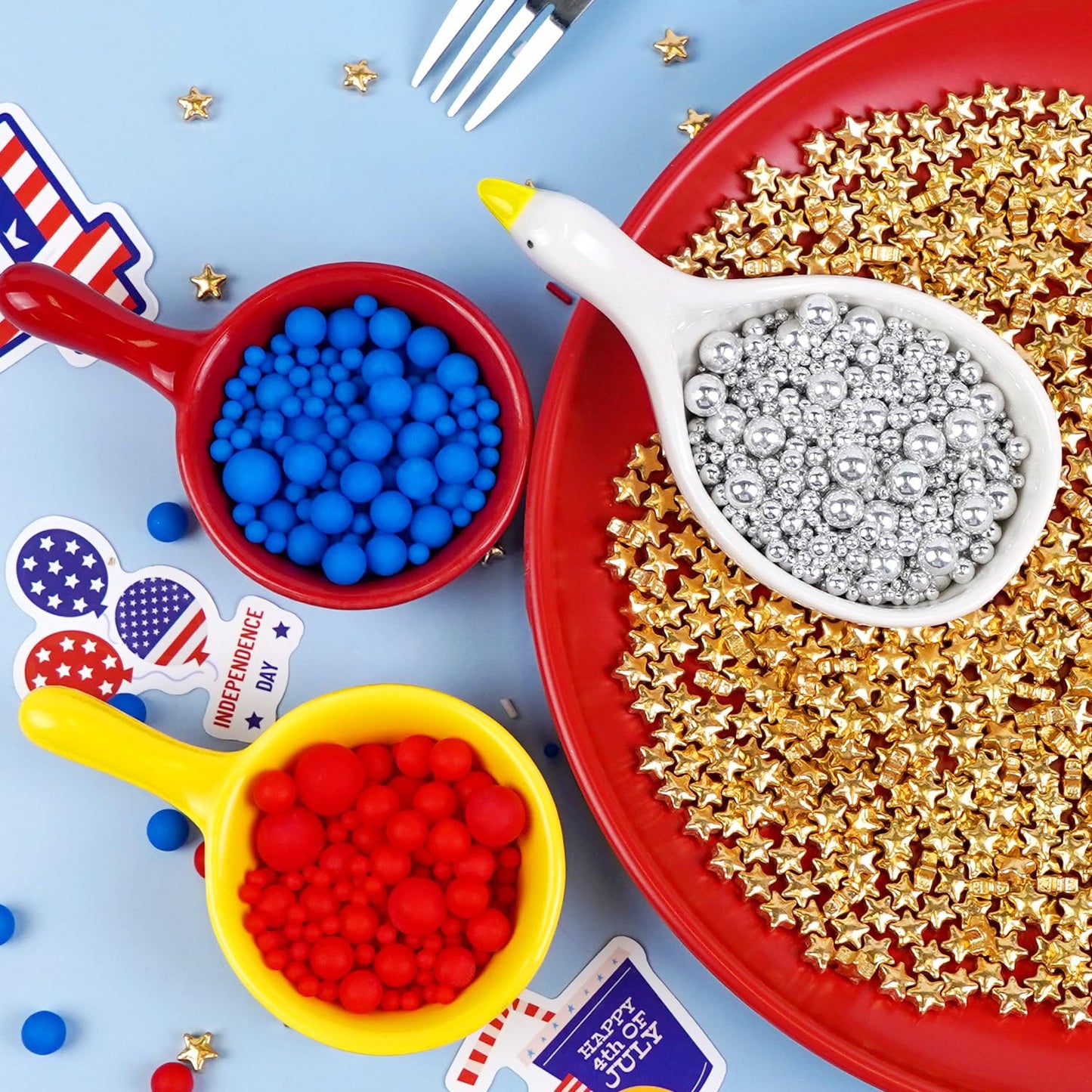Dazzjoy 4th of July, Patriotic Sprinkles, Red Blue Silver Gold Sprinkles, Food Grade, Edible Pearls for Cake Decorating, 150g/5.29oz, Cake Decoration & Cupcake Topper