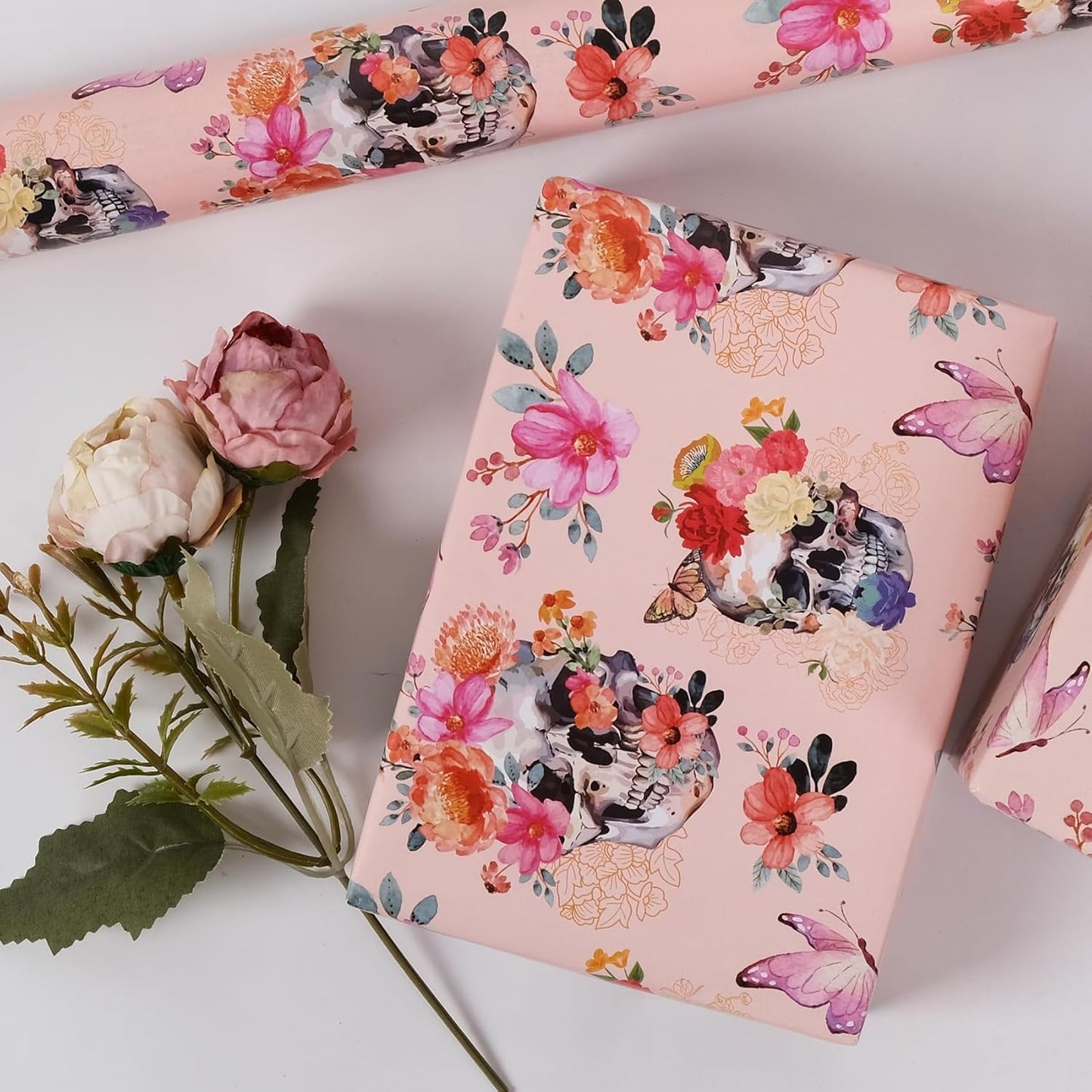 Aimyoo Gothic Wrapping Paper Roll, 17 Inch X 33 Feet Skull Floral Butterfly Design Gift Wrap Paper for Mother's Day, Birthday Bridal Shower