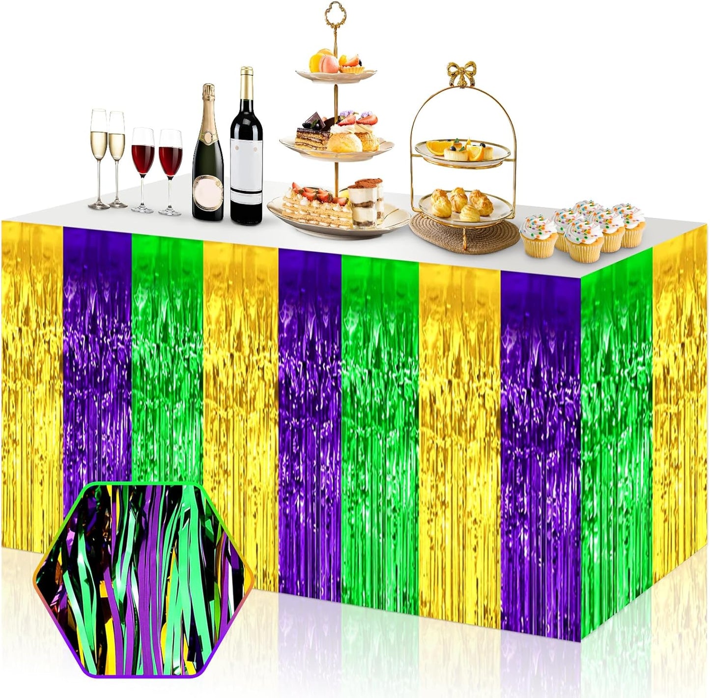 3 Pack 29x108 Inch Gold Green Purple Foil Fringe Table Skirts Metallic Banner for Tinsel Streamer Garland Backdrop for Parade Floats Wedding Thanksgiving Birthday Christmas Halloween Party Decoration