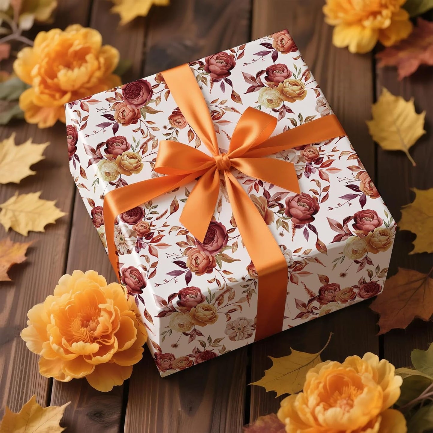 RUSPEPA Fall Floral Wrapping Paper Roll for Women Girls, Mini Roll, Vintage Rose and Autumn Bloom Bouquet Design Gift Wrap for Thanksgiving, Wedding, Birthday, Bridal Shower, 17 Inches x 16.4 Feet