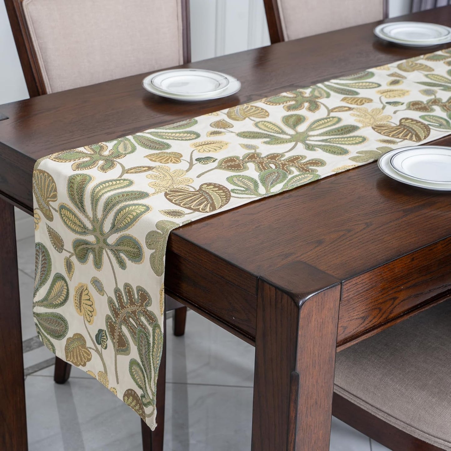 Mika Home Tropical Leaf Table Runner for Home Decor 13X72 Inches Green Brown Dining Table Decoration for Home