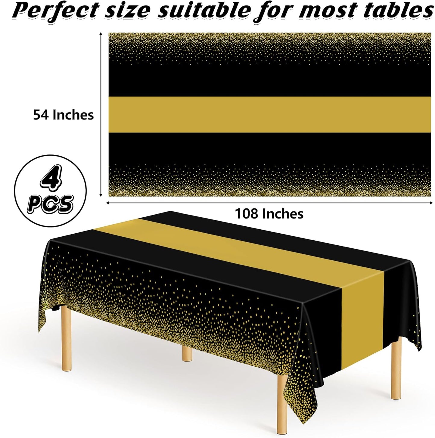 4Pack Black and Gold Tablecloths for Events, 54" x 108" Plastic Table Cloth Disposable for Rectangle Tables, Waterproof Table Cloth Cover for New Years Eve Decorations Holiday Birthday Wedding Dining