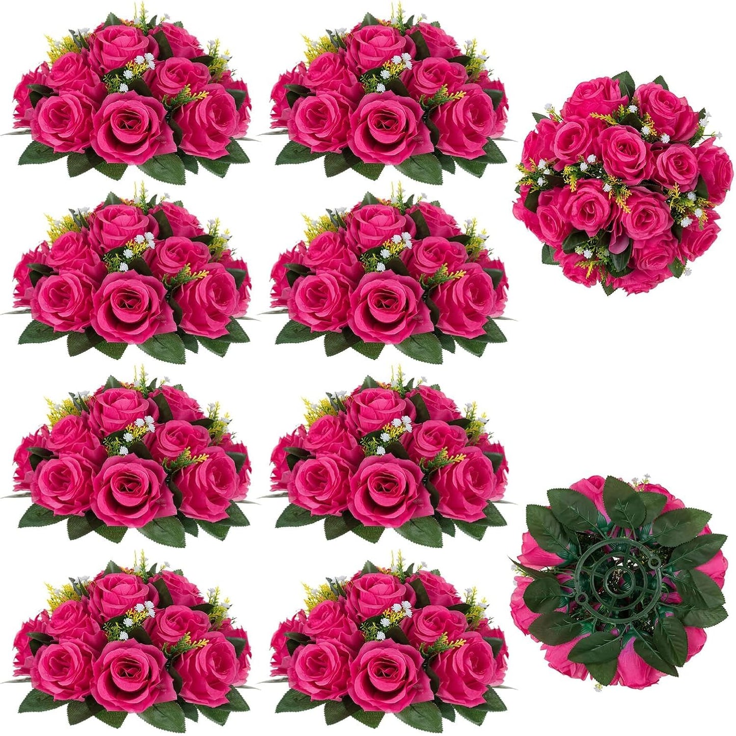 BLOSMON Hot Pink Flowers for Wedding: 10 Pcs Artificial Rose Balls for Table Decorations - Fake Silk Kissing Bouquet Floral Arrangement for Home Party Event Decoration