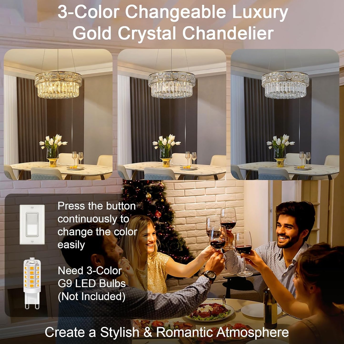 Crystal Chandelier, 16.5" 6-Light Gold Chandelier for Living Room, Round Chandeliers for Dining Room Dimmable, High Ceiling Chandeliers Hanging Lights for Entryway Bedroom