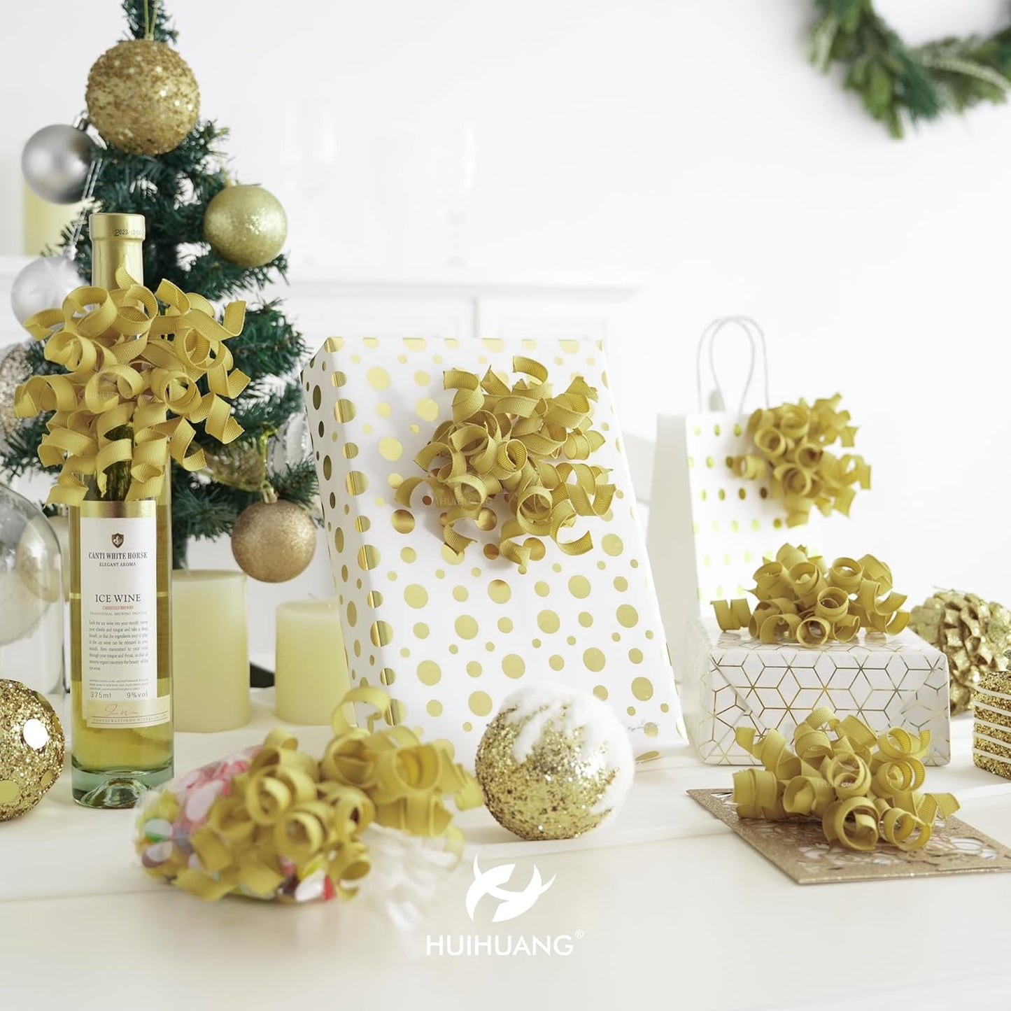 HUIHUANG Gold Bows for Gift Wrapping, Gold Curly Ribbon Bows Self Adhesive Burst Gift Bows for Present Box, Wine Bottle, Treat Bags, Wrap Accessories, Christmas Party Favor - 6 Counts