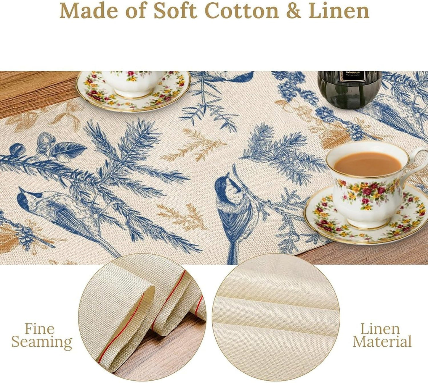 Floral Table Runner,Sketch Birds and Flowers Summer Table Runner Kitchen Dining Table Decoration for Home Party Decor 13x120 Inch