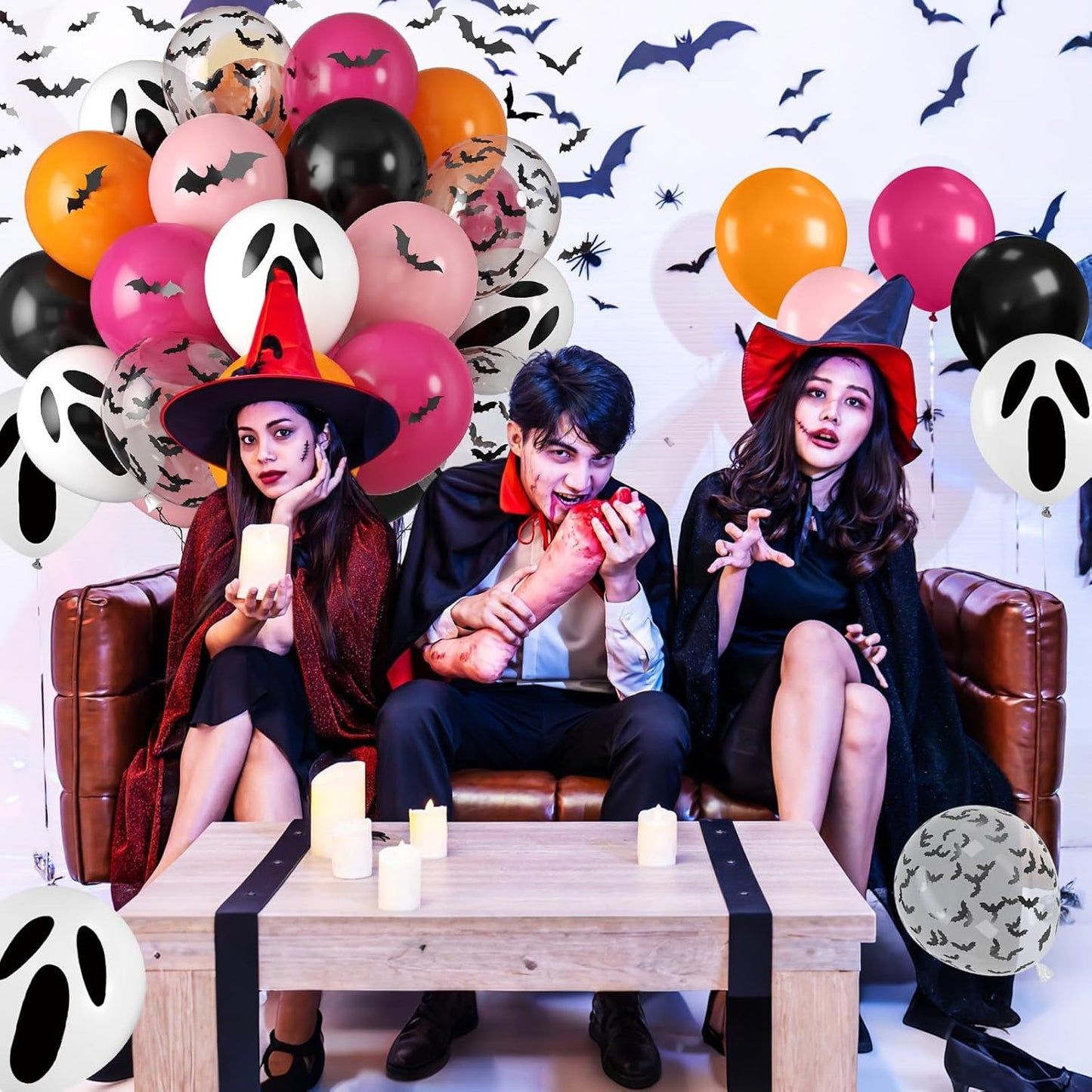 Orange Pink Halloween Balloons, 12 Inch Ghost Balloons, Black Orange and Hot Pink Latex Balloon with Bat Sticker, Bat Print Balloon for Kids Girls Birthday Ghost Theme Halloween Party Decorations