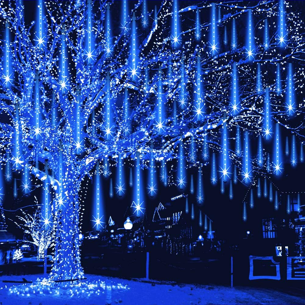 Meteor Shower Lights Outdoor Christmas Lights UL Certified Falling Rain Drop Snowfall Icicle Cascading String Light for Xmas Holiday Tree Wedding Party Garden Decor Blue, 12 Inch 8 Tubes