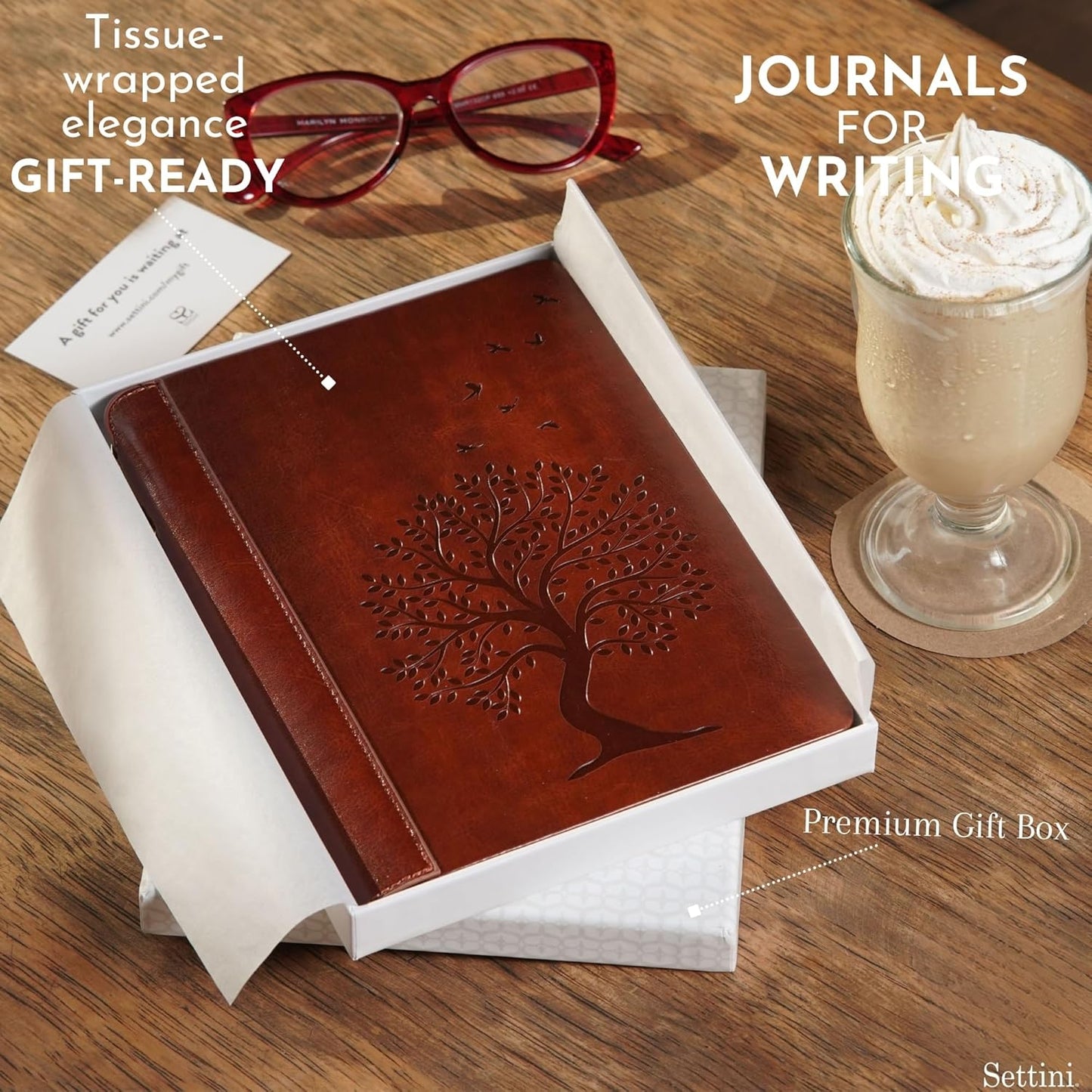 SETTINI® Tree of Life Journal Gift Set - Hardcover Vegan Leather, Unique Pen Holder, Lined, 192 Pages, 6 x 8.5 inches - Includes Pen for Writing and Travel - Birthday Gift