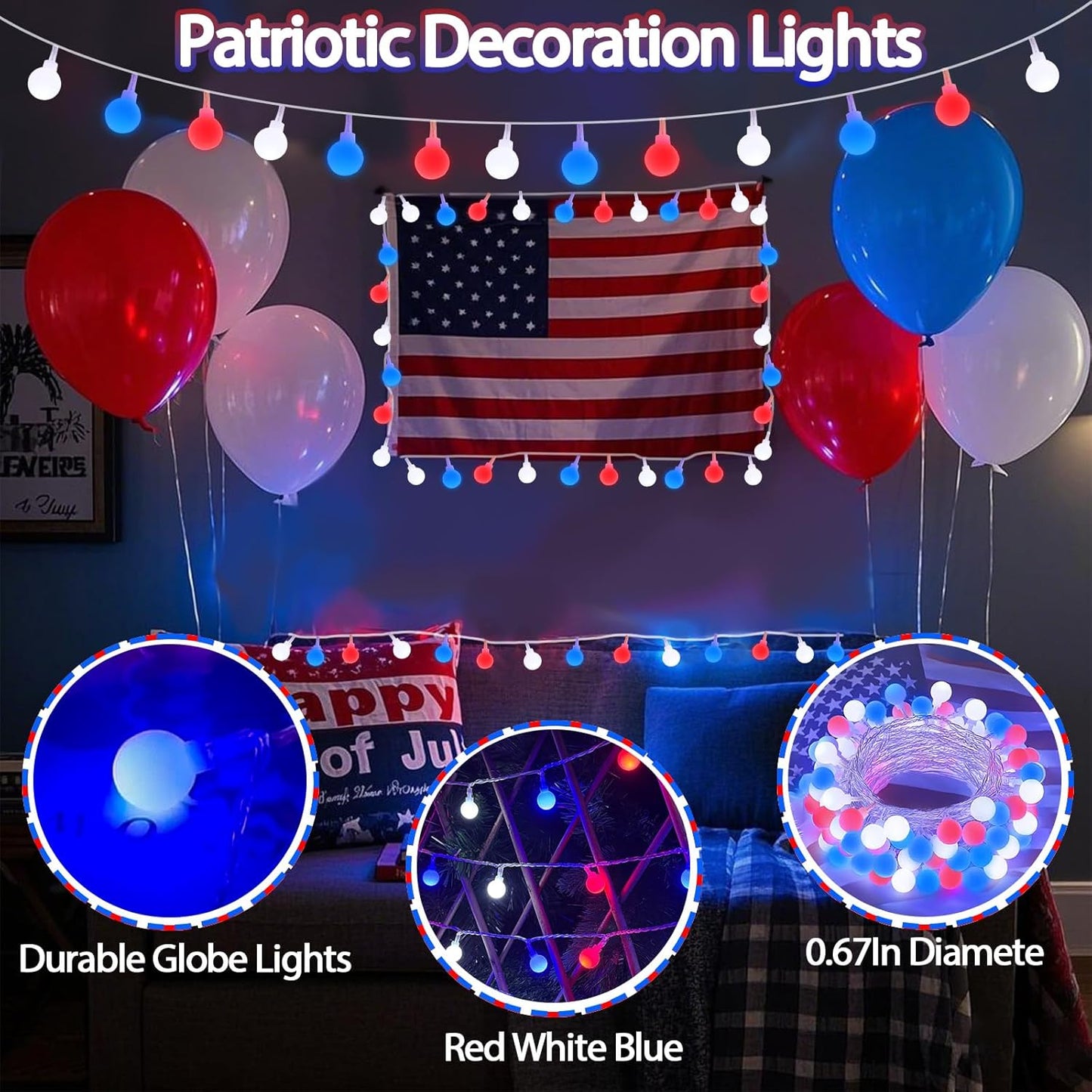 Connectable Red White and Blue String Lights Outdoor Indoor, 42FT 100LED 4th of July Decorations Plug in with Timer, 13 Modes Patriotic Globe Waterproof Fairy Lights for Independence Day Memorial Day