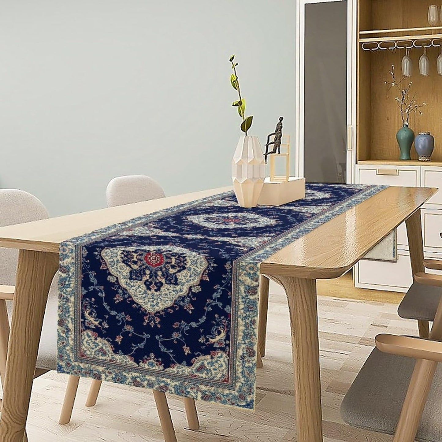 Elegant Palace Boho Blue Table Runner Vintage French Style Farmhouse Geometric Home Farmhouse Kitchen Table Dining Coffee Room Garden Party Wedding Decor 13x72in