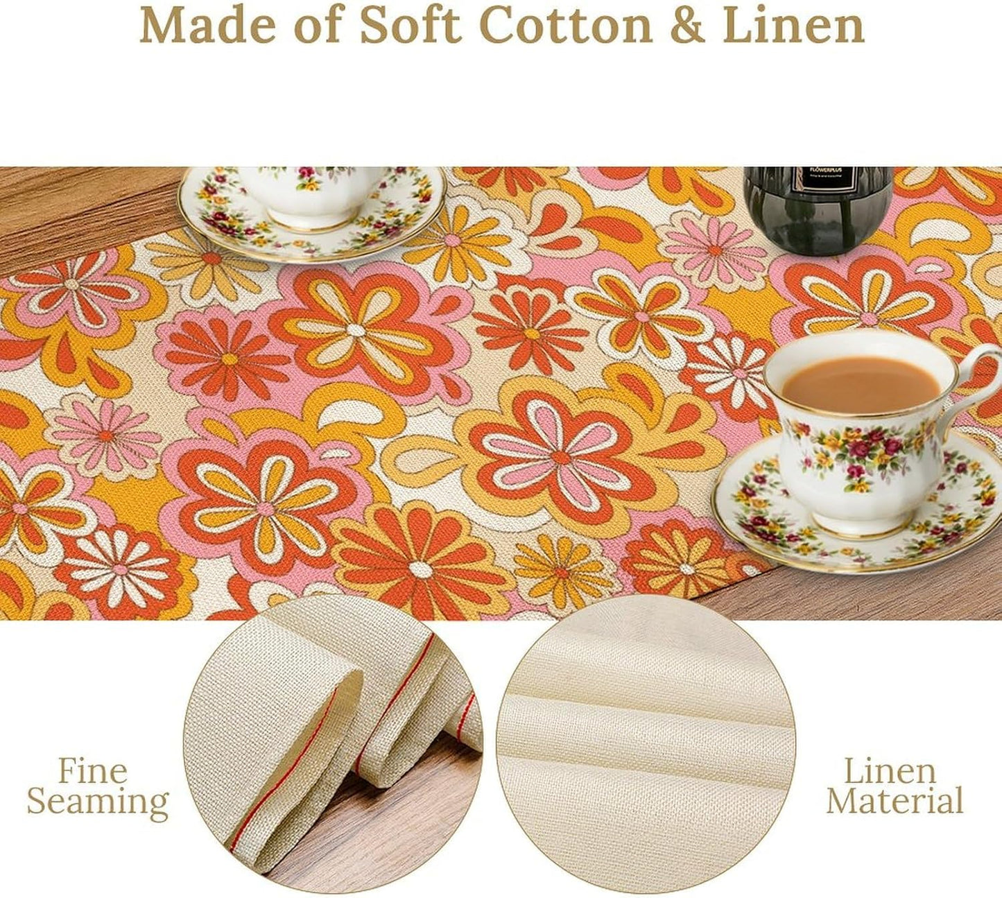 Vintage Floral Table Runner,70s Style Retro Daisies Flower Hippie Table Runner for Kitchen Dining Table Home Party Decoration 13x72 Inch