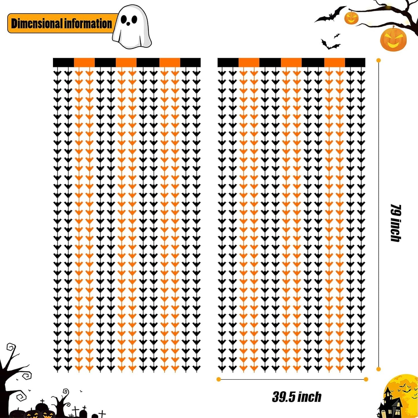 CANREVEL 2 Pack 3.2x6.5 Feet Halloween Foil Fringe Backdrop Curtains, Black and Orange Bat Tinsel Streamers Party Decorations, Fringe Backdrop for Wall Door Indoor Outdoor Decorations