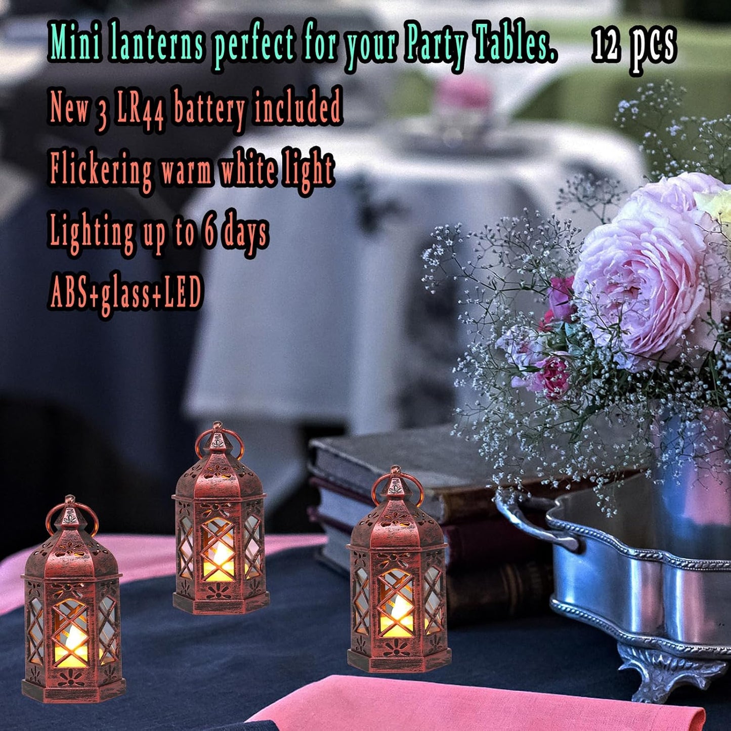 12PCS Mini Lantern with Flicker LED Candle for Halloween Decorations, Small Lanterns Decorative, Vintage Hanging Moroccan Lantern for Wedding Halloween Christmas Decor, Table Centerpiece, Rose Gold