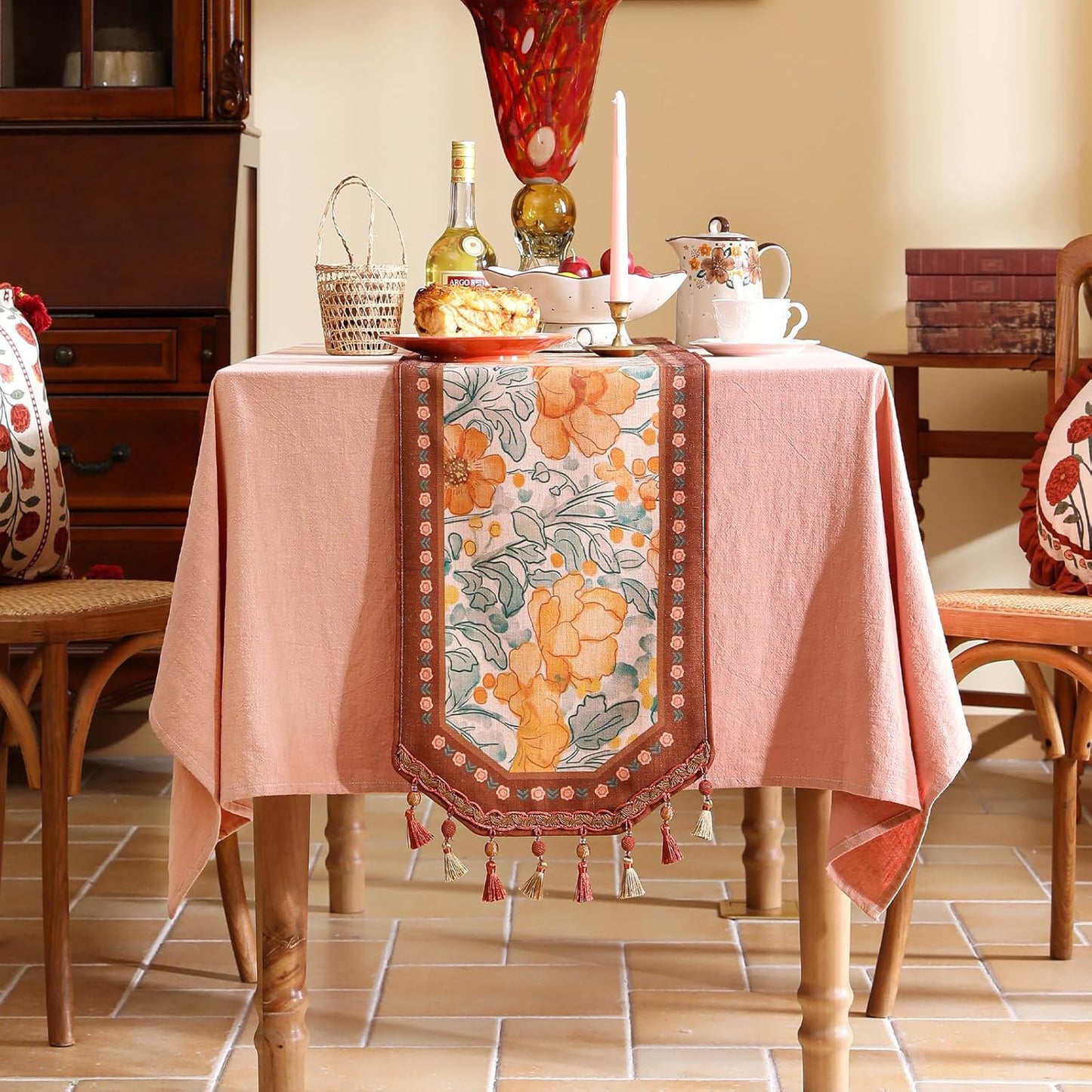 Designer Vintage Orange Floral Small Table Runner,French Farmhouse Soft Linen Coffee Table Runners 63 Inches Long,Decor Tabletop for Kitchen,Dining,Party,Home,Christmas,12"*63"