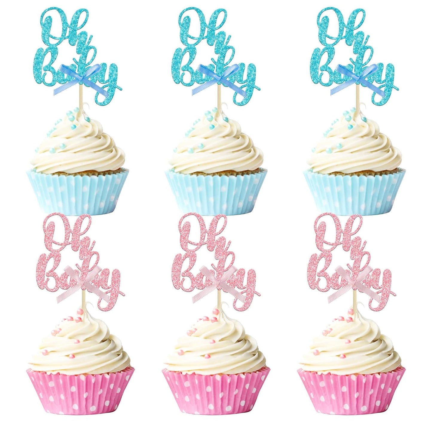 Gyufise 36Pcs Oh Baby Cupcake Toppers Pink Blue Bow Glitter Baby Shower Gender Reveal Cupcake Picks for Boy or Girl Theme Baby Shower Kids Birthday Party Cake Decorations Supplies