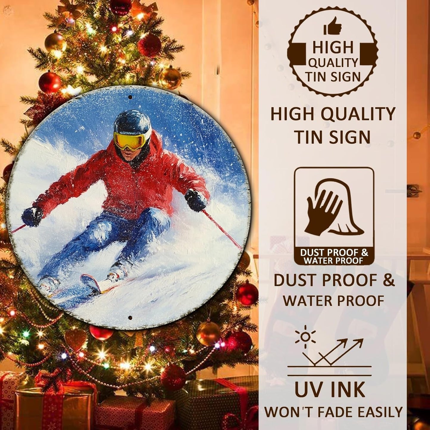 Round Ski Vintage Metal Sign Skiing Sign, Office Sign Home Décor Ski Lodge Décor Cabin Tin Sign 8 * 8 in