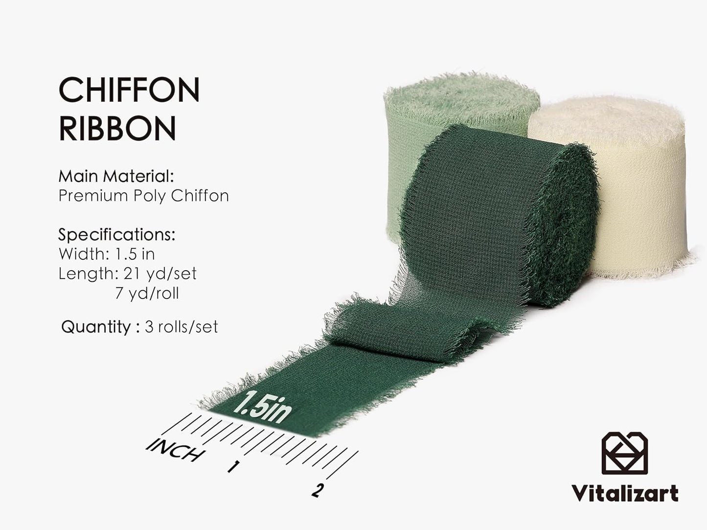 Vitalizart Handmade Chiffon Silk Ribbon Fringe Green & Cream 1.5" x 21 Yd Frayed Edges Ribbons for Wedding Invitations Bridal Bouquets Gifts Wrapping Crafts Holiday Party Decorations