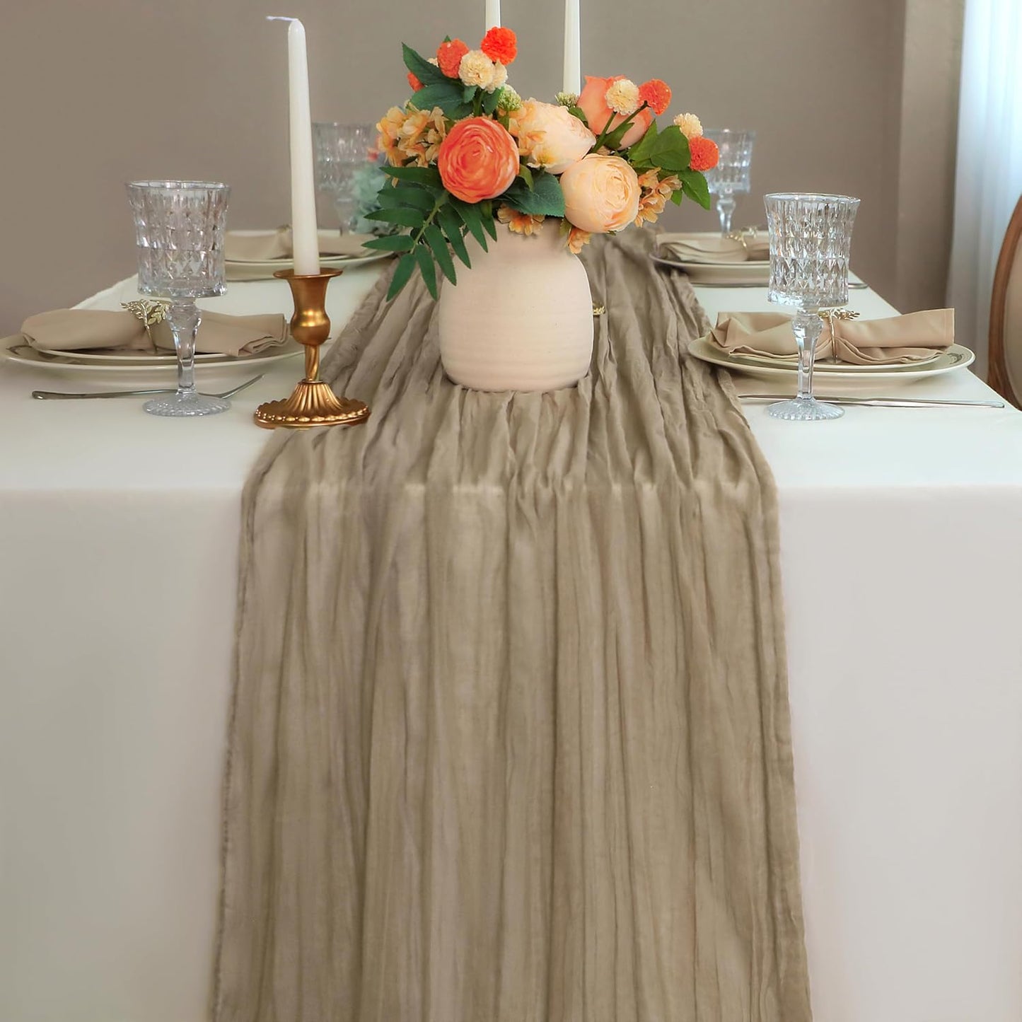 Snowkingdom 10 FT Nude Brown Cheesecloth Table Runner, 120 inch Long Cheese Cloth Boho Rustic Gauze Sheer Runner for Wedding Party Baby Shower Birthday Christmas Holiday Table Decorations