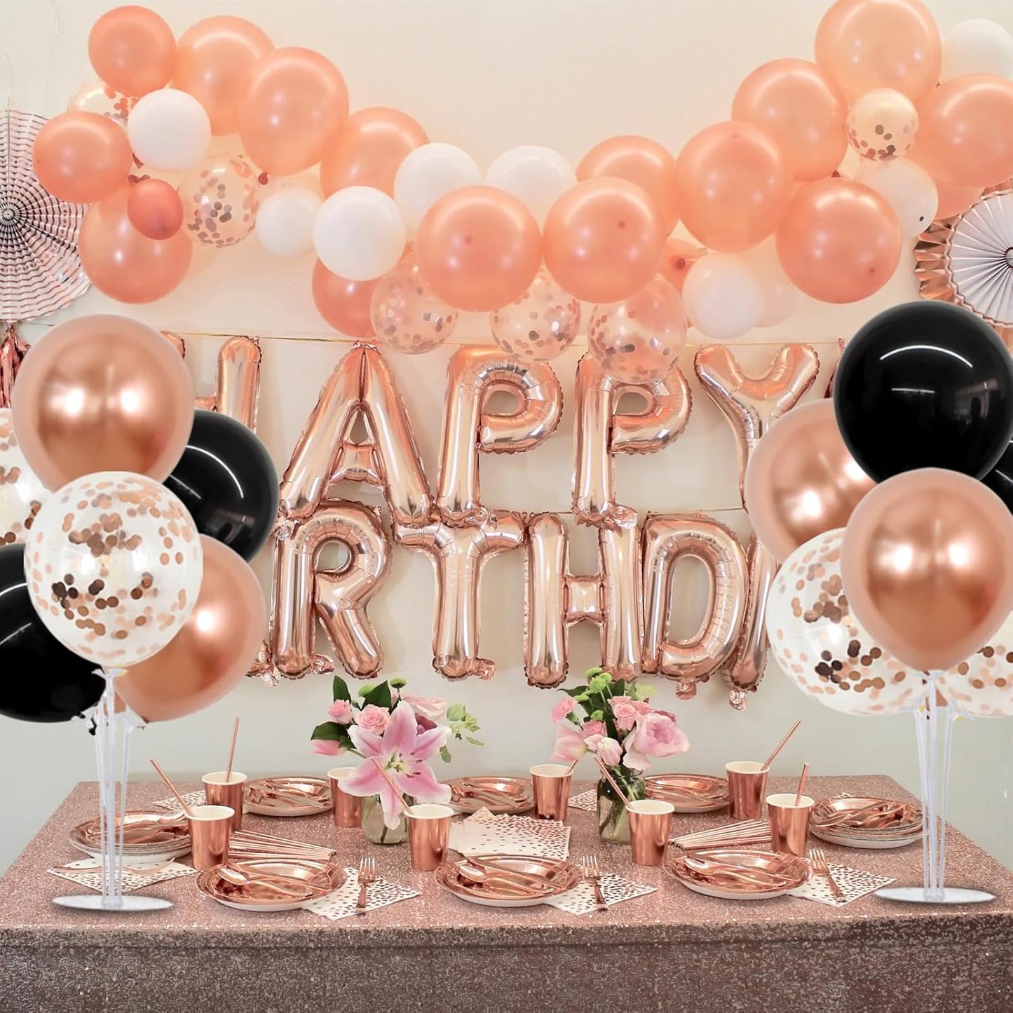 TONIFUL Black and Rose Gold Balloon Centerpieces for Table,Balloon Stand Kit for Bridal,Shower,Graduation,Wedding,Girl Party Decorations,New Year,Anniversary,Birthday Decorations for Women(4 Set)