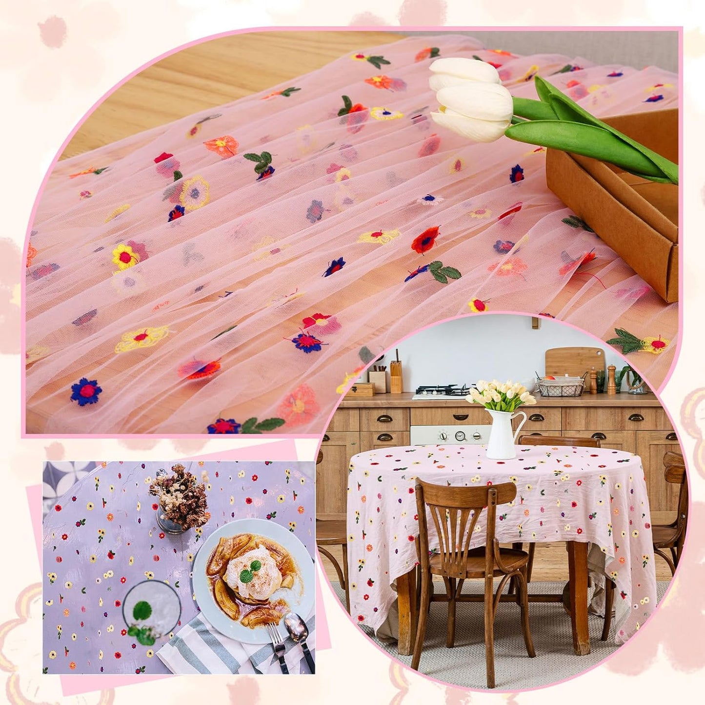 BINBE 12pcs Daisy Fall Table Runner Embroidery Gauze 10FT Florals Seasonal Tulle Holiday Birthday Kitchen Dining Table Decor for Home Party Pink