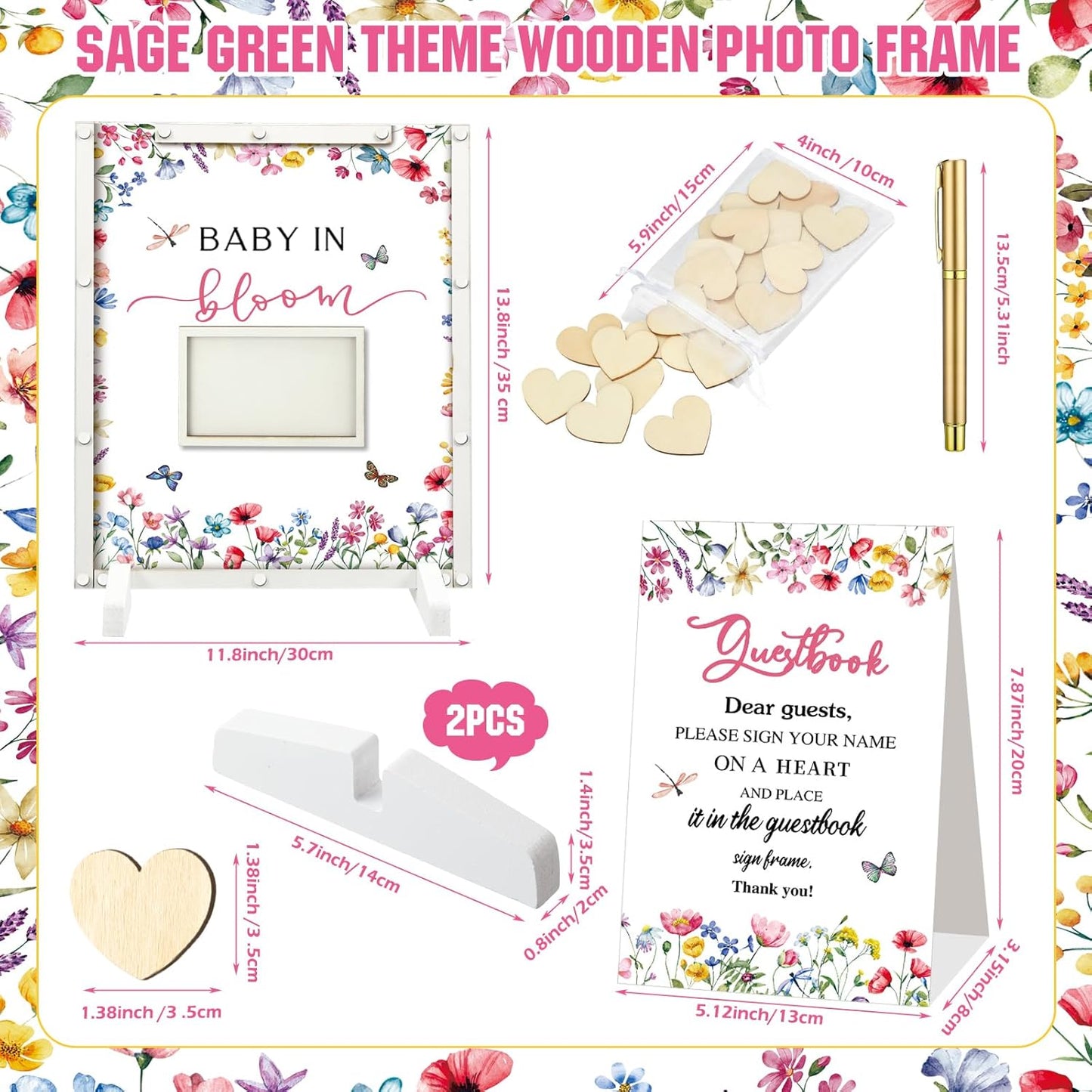 65 Pcs Wildflower Baby Shower Guest Book Alternatives He or She Gender Reveal Baby Shower Decorations Sign in Guest Book with Picture Frame and 60 Wooden Chip