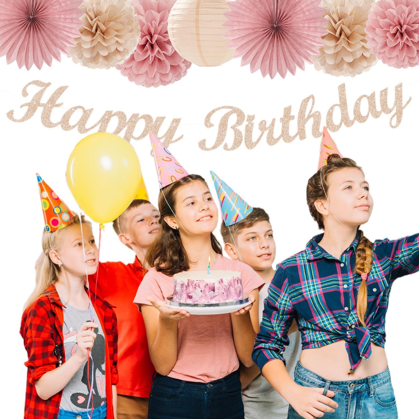 Blush-Pink Champagne Beige Happy-Birthday Party-Decorations - 31pcs 15th Women Girls Paper Lanterns Streamers Banner,Rose Gold Tissue Flowers Pom Poms Fans Tassels Graland Decor Supplies Hugmoon