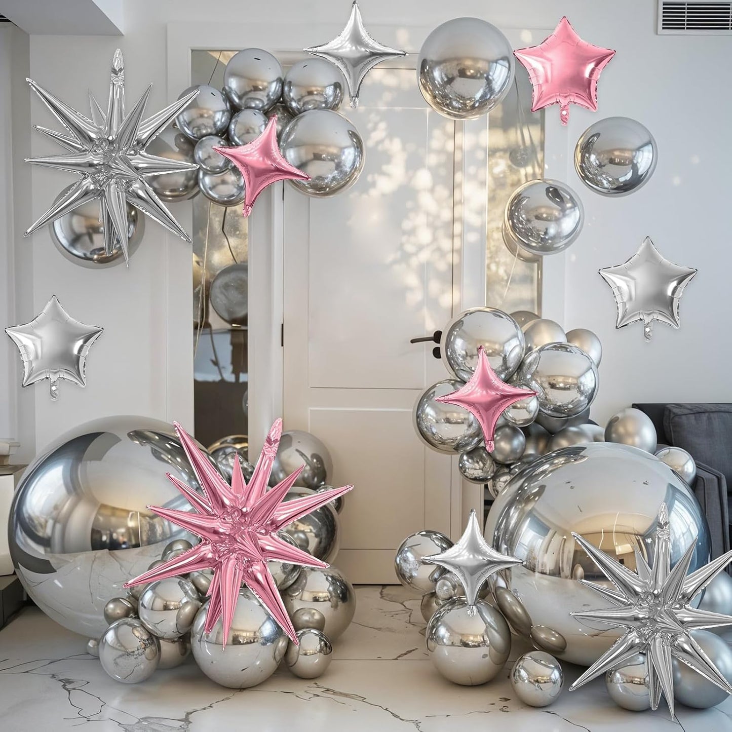 Pink Silver Star Balloon,16Pcs Star Foil Balloons Set with 22Inch Explosion Spike Cone Balloons and 10Inch Quadrangle Helium Balloon for Birthday Wedding Baby Shower Party Decorations