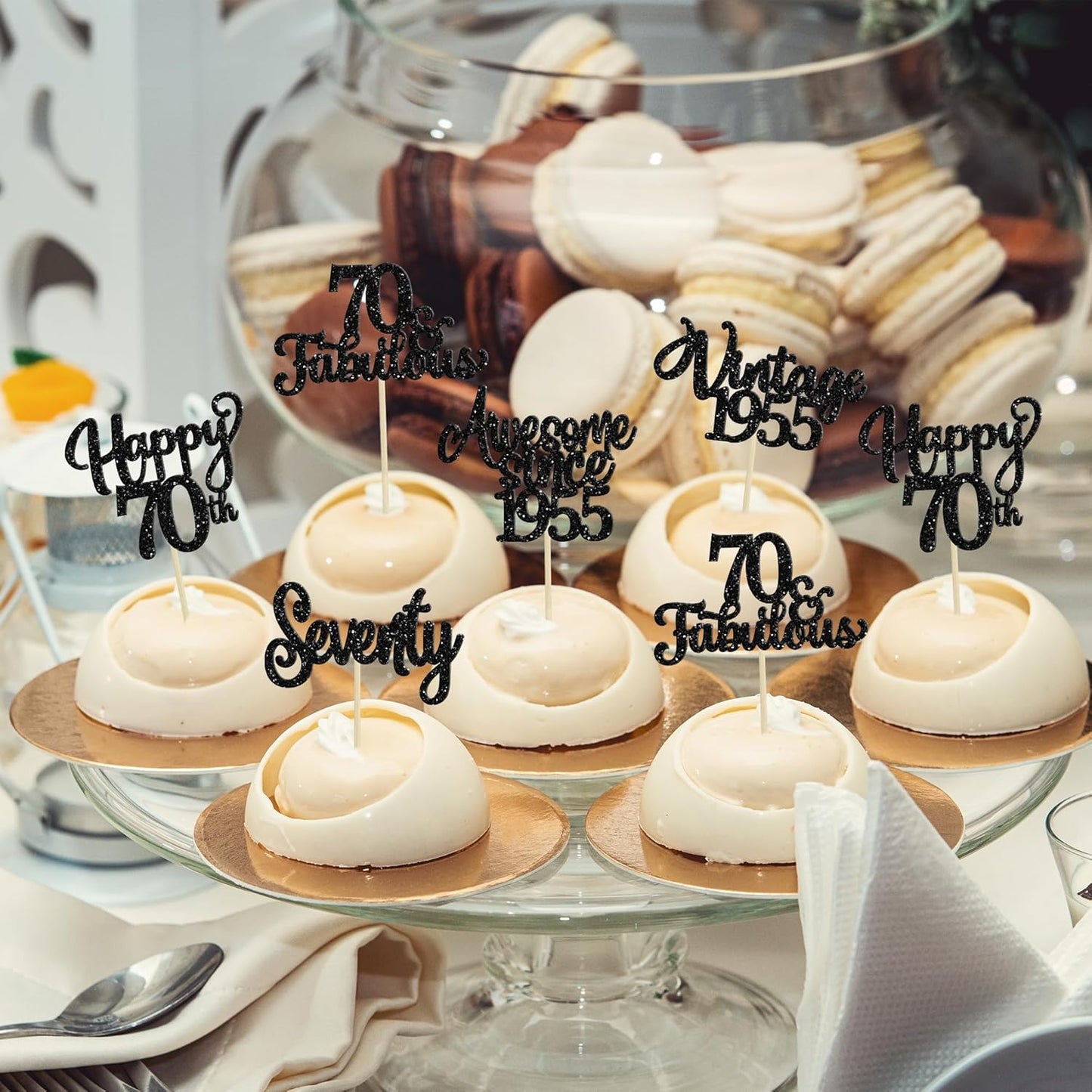 30Pcs Happy 70th Birthday Cupcake Toppers Glitter Seventy Vintage 1955 Cupcake Picks Cheers to 70 Fabulous Cake Decorations for 70th Birthday Wedding Anniversary Party Supplies Black
