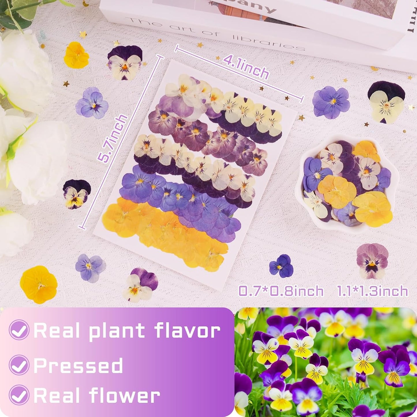 Dried Pressed Flowers Cake Topper 40 PCS Purple Tricolor Floral Cupcake Toppers Decoration Natural Dry Real Flowers for Cocktail Drink Crafts Resin Candle Soap DIY Art Jewelry Making