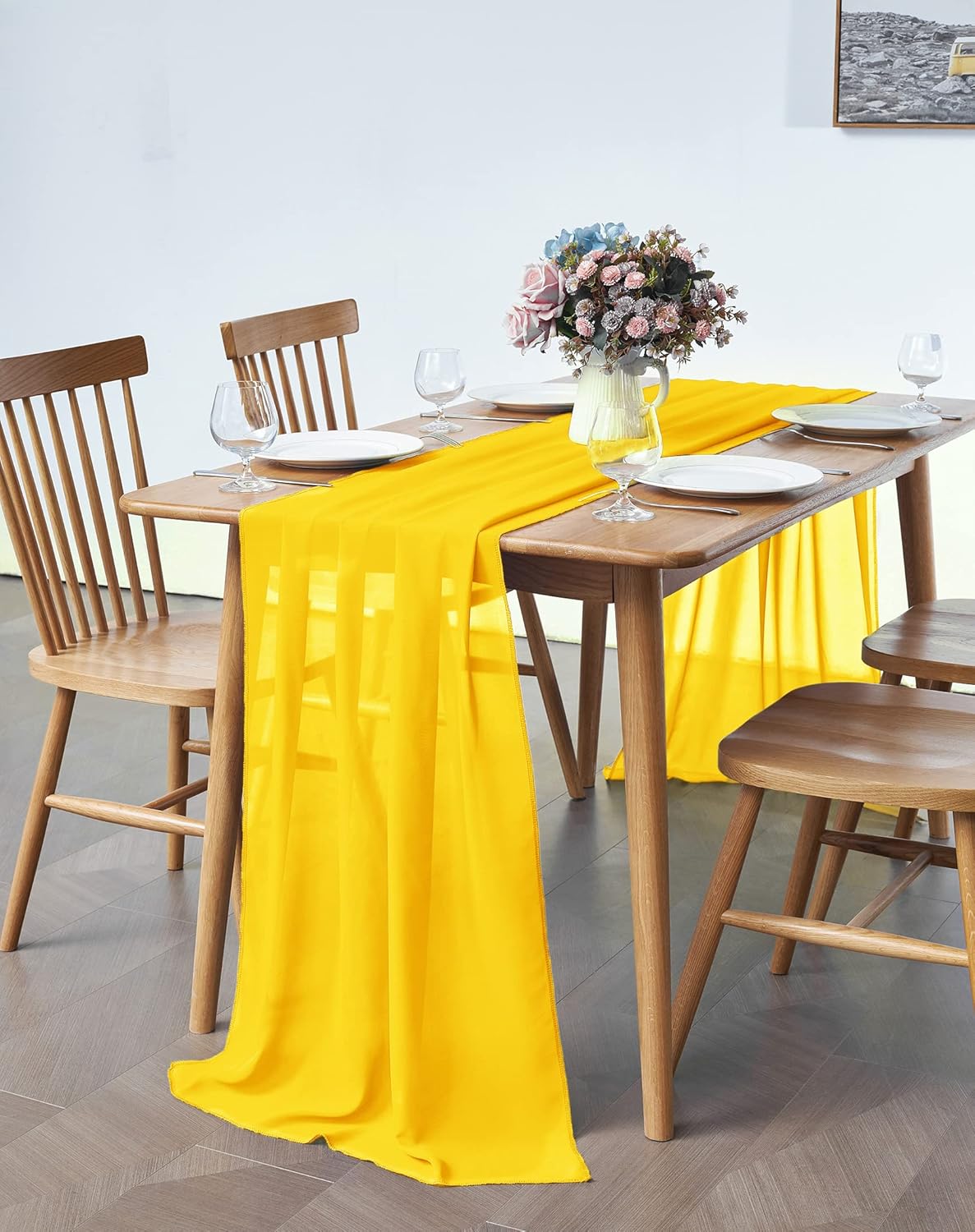2 Pack 10Ft Chiffon Yellow Table Runner Sheer 29x120 Inch for Romantic Wedding Decor Bridal & Baby Shower Birthday Rustic Party Decoration