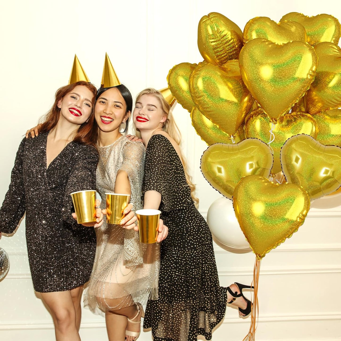 Biapian Glitter Gold Heart Balloons - 10PCS Foil, 18inch Valentines Love Balloons for Valentines Day, Wedding, Graduation, Birthday, Baby Shower Party Decorations