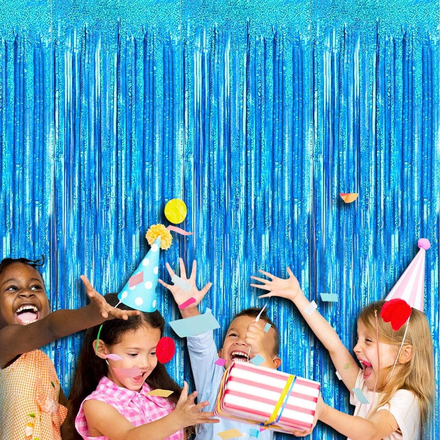 4 Pack Light Blue Tinsel Foil Fringe Curtain Backdrop, 3.28Ft x 8.2Ft Metallic Streamers for Photo Booth Props Wedding Bridal Shower Bachelorette Birthday Halloween Christmas Party Decoration