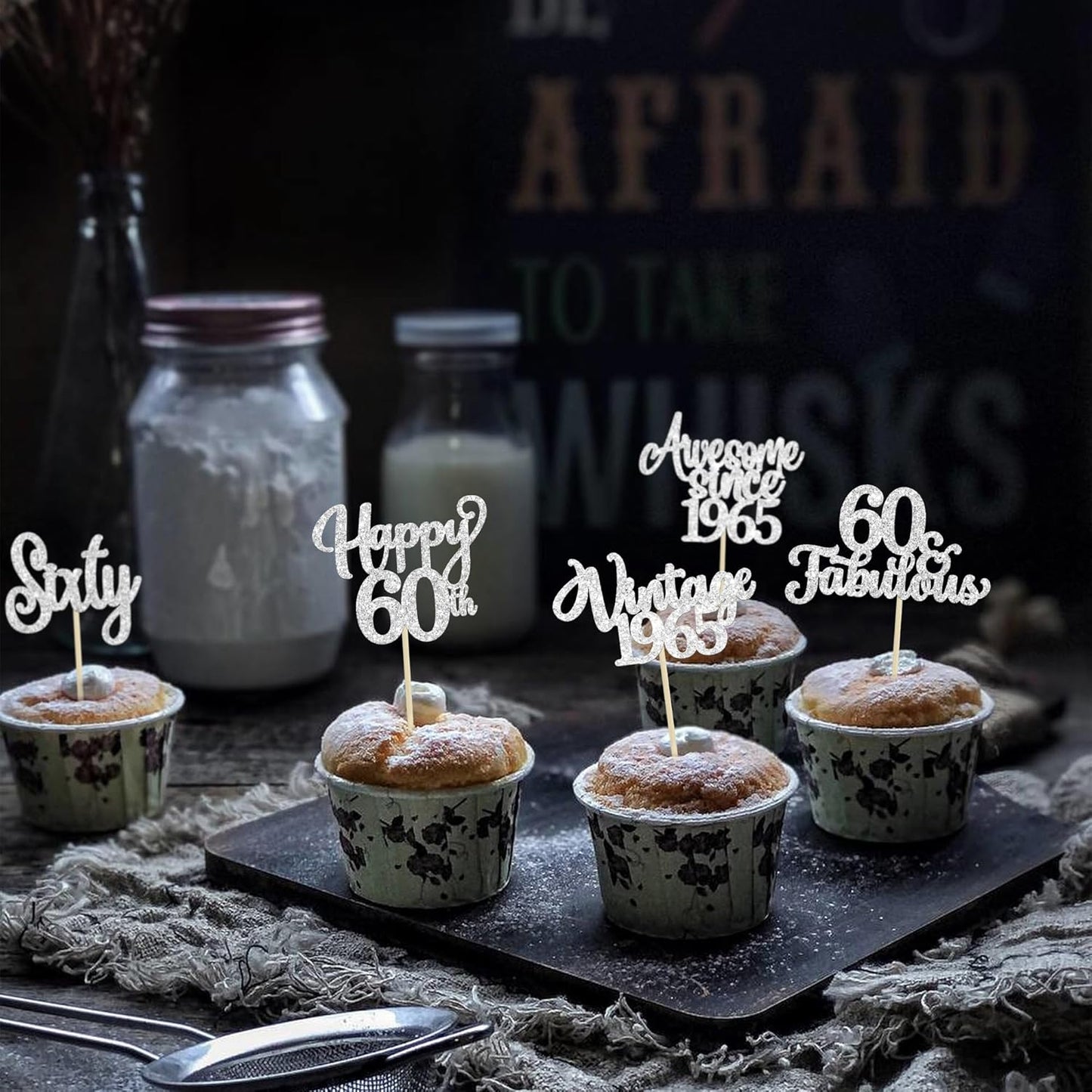 30Pcs Happy 60th Birthday Cupcake Toppers Glitter Sixty Vintage 1965 Cupcake Picks Cheers to 60 Fabulous Cake Decorations for 60th Birthday Wedding Anniversary Party Supplies Silver