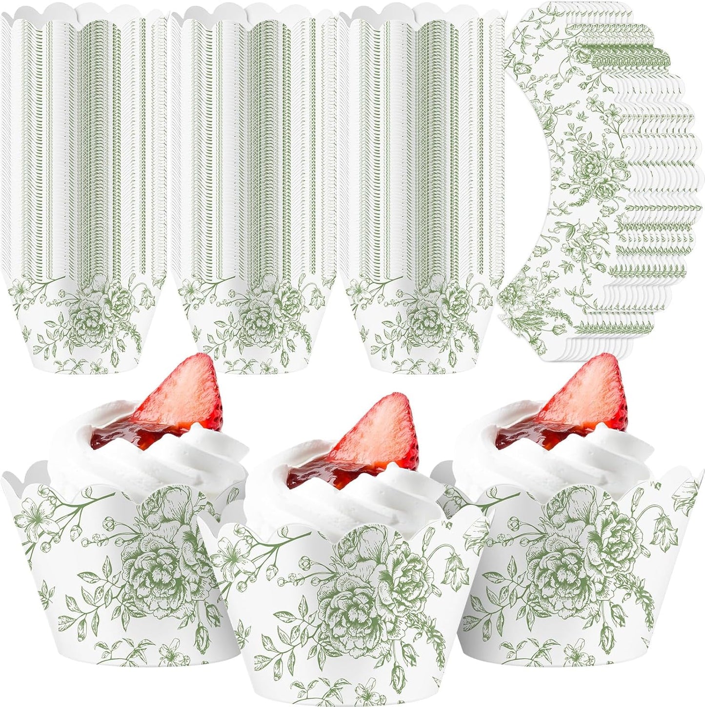 Domensi 100 Pcs Cupcake Wrappers Rustic Cupcake Liners Baking Cups Baking Liners for Wedding Bridal Baby Shower Birthday Party Supplies Dessert Decoration(Green, Floral)