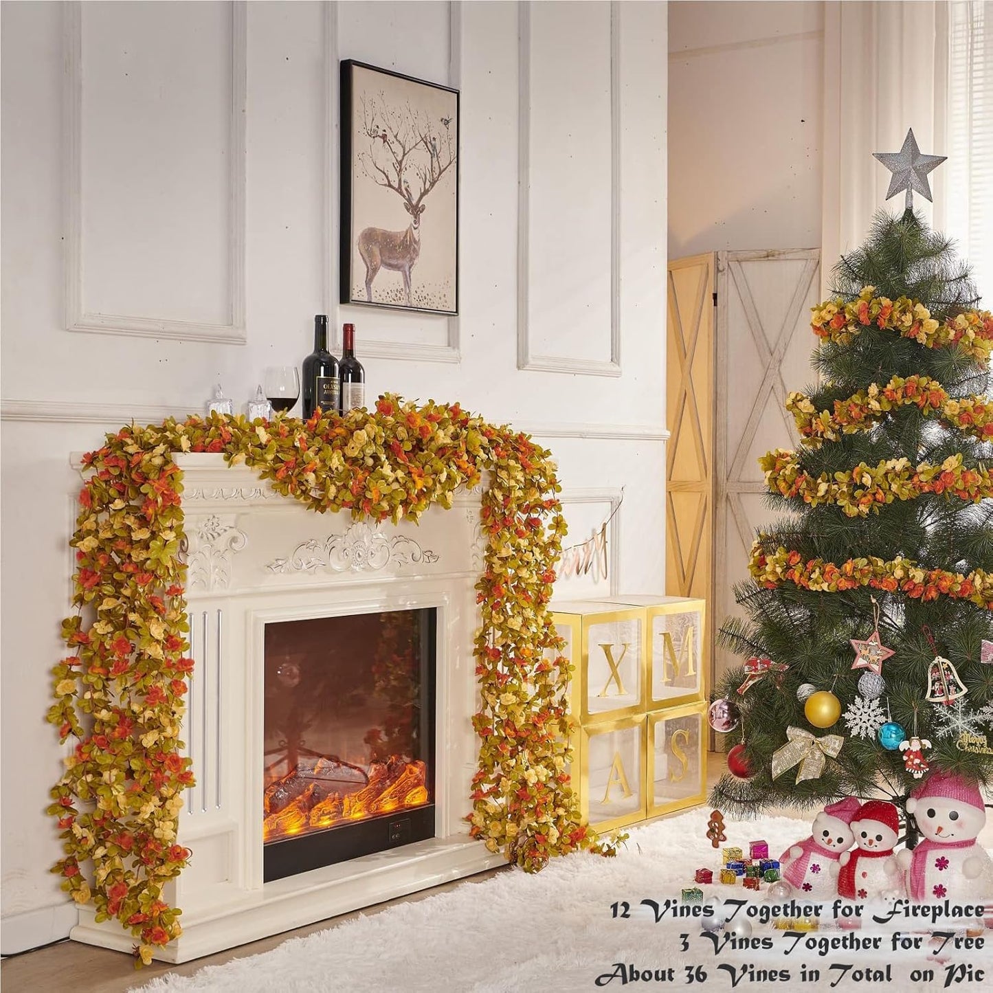 8 Pcs x 8.2 ft Flower Garland Artificial Rose Vine Flowers with Green Leaves Hanging Fake Roses Vine for Room Party Home Wedding Birthday Christmas Wall Arch Decor, Fall Champagne Flower